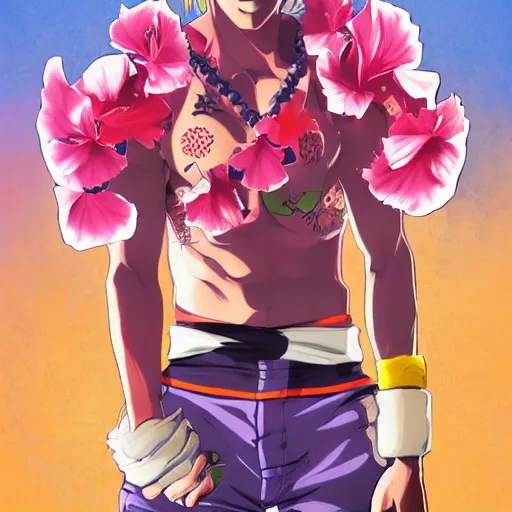 Image similar to hibiscus boxer, punching, jojo cover art, jojo anime style, david production, style of vento aureo cover art, style of stone ocean cover art, style of steel ball run cover art, style of jojolion cover art, ilya kuvshinov style, illustrated by hirohiko araki