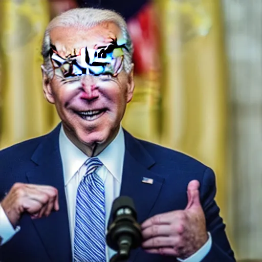 Image similar to joe biden with chiclets in the place of his teeth, his eyes have flames in them, the flames are red and menacing, photorealistic, 5 0 mm,