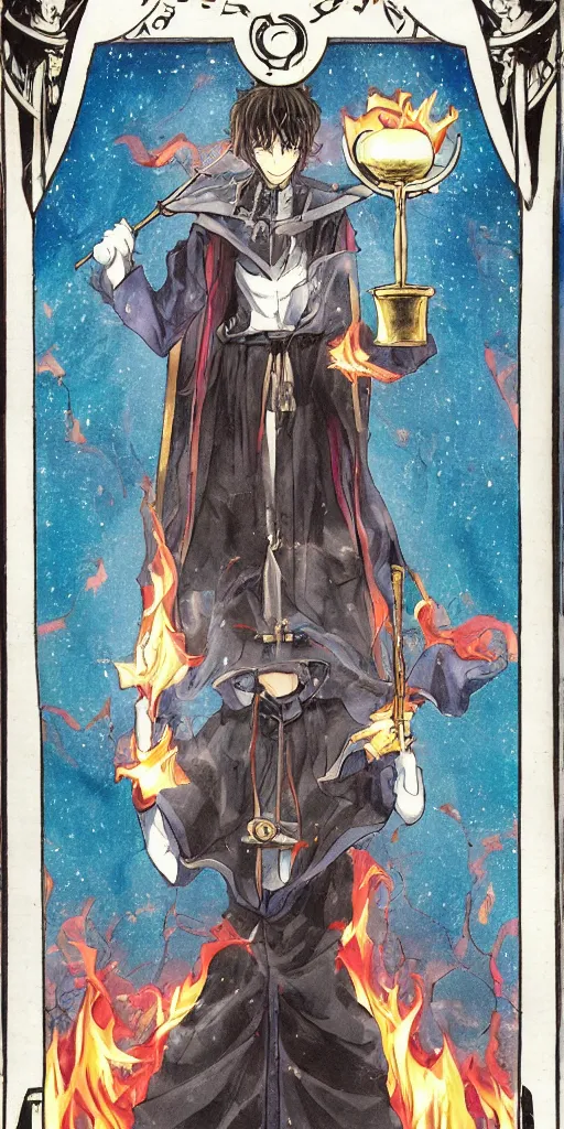 Image similar to powerful anime judge with a magic gavel on fire, in a court room with a justice scale on his desk, drawn by a famous anime artist, high quality, fine lines, amazing detail. colored, the justice tarot card