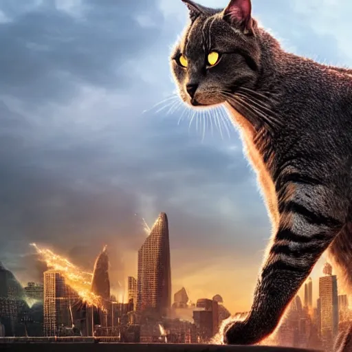 Prompt: a giant cat standing on hind legs destroying city, style of godzilla, low angle, realistic, 8 k