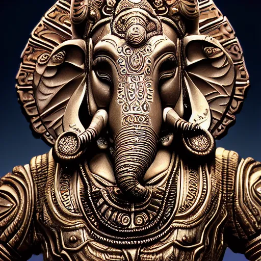 Image similar to biomechanical Ganesha , hyper-realistic futuristic portrait, intricate details, fantasy character, supersharp, hypermaximalist, dramatic lighting, hajime sorayama, Indian god, Ganesha, ganapati, vinayak, futuristic portrait photorealistic Ganesha