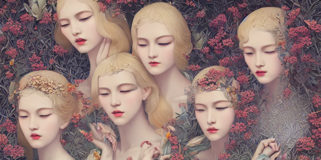 Image similar to breathtaking detailed concept art painting art deco pattern of blonde faces goddesses amalgamation flowers, by hsiao - ron cheng, bizarre compositions, exquisite detail, extremely moody lighting, 8 k