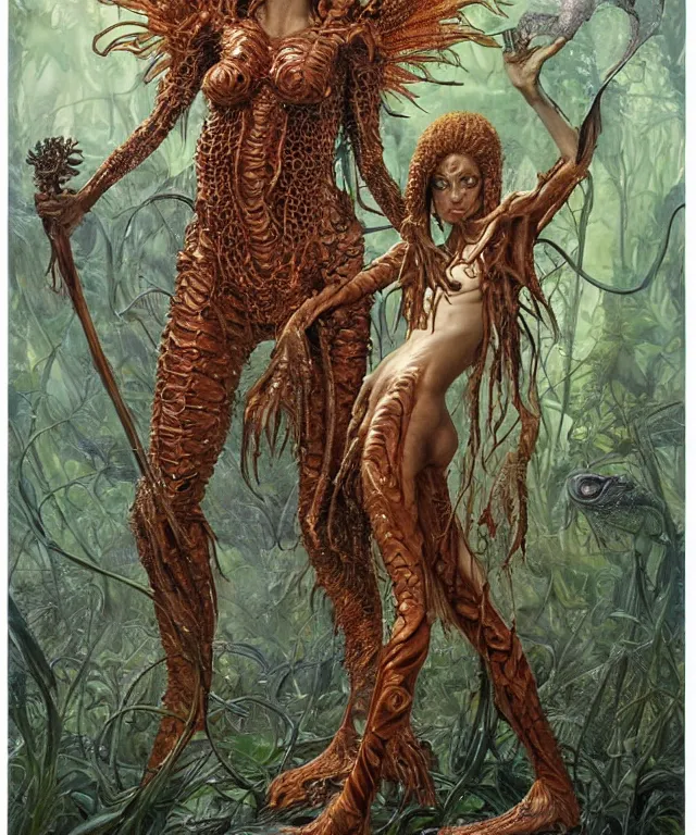 Prompt: portrait photograph of a fierce sadie sink as an alien harpy queen with slimy amphibian skin. she is trying on armored bulbous slimy organic membrane fetish fashion and transforming into a fiery succubus amphibian villian medusa. by donato giancola, walton ford, ernst haeckel, brian froud, hr giger. 8 k, cgsociety