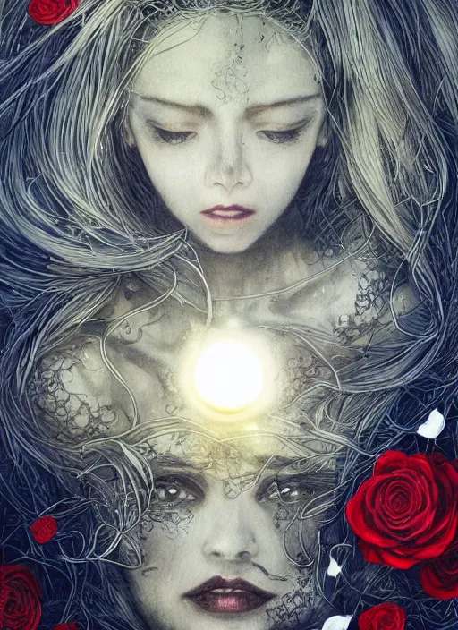 Image similar to glowing golden elements at frame borders, portrait, A beautiful dark witch in front of the full big moon, book cover, red roses, red white black colors, establishing shot, extremly high detail, foto realistic, cinematic lighting, pen and ink, intricate line drawings, by Yoshitaka Amano, Ruan Jia, Kentaro Miura, Artgerm, post processed, concept art, artstation, matte painting, style by eddie, raphael lacoste, alex ross