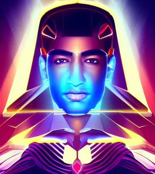 Image similar to symmetry!! egyptian prince of technology, solid cube of light, hard edges, product render retro - futuristic poster scifi, lasers and neon circuits, brown skin man egyptian prince, intricate, elegant, highly detailed, digital painting, artstation, concept art, smooth, sharp focus, illustration, dreamlike, art by artgerm