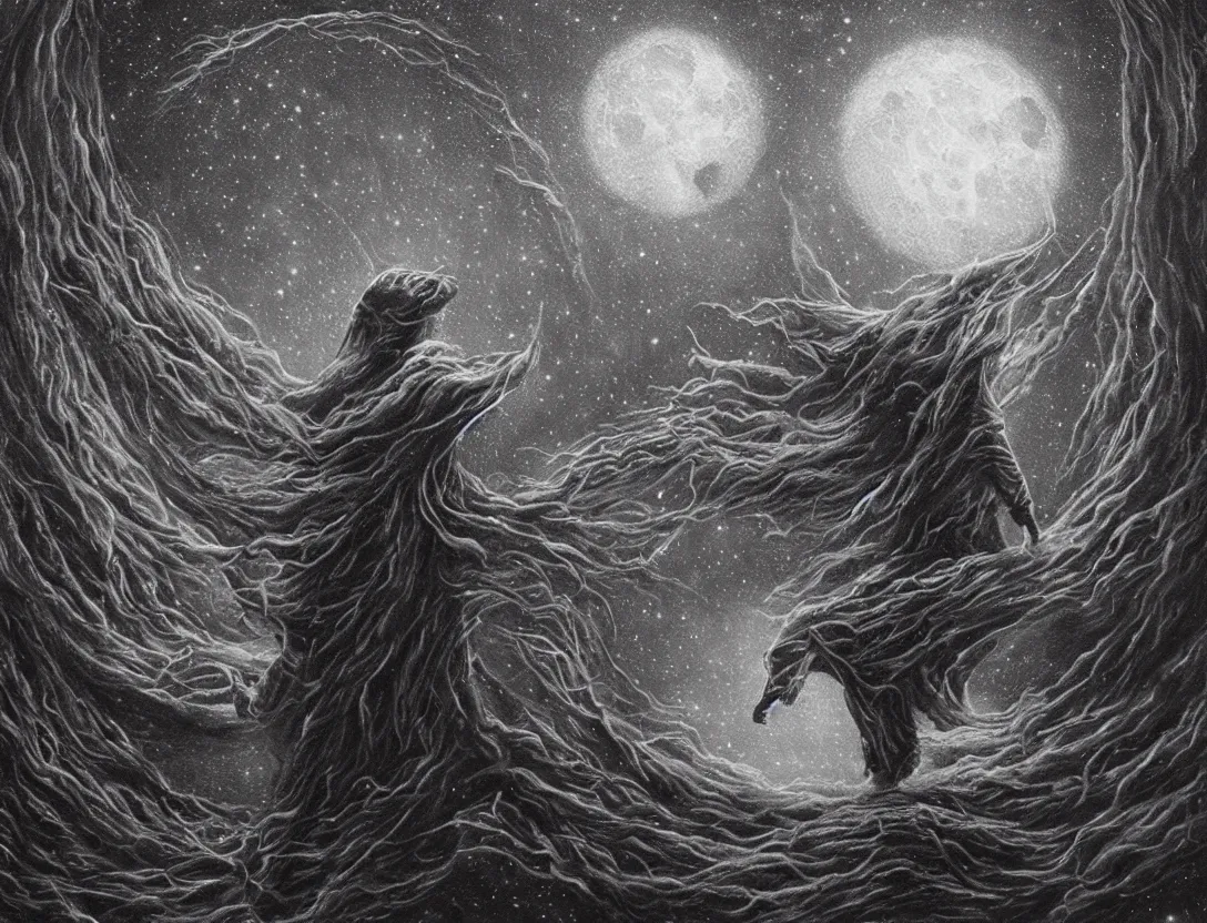 Prompt: To every living being, and every living soul. Now cometh the age of the stars. A thousand year voyage under the wisdom of the Moon. Here begins the chill night that encompasses all, reaching the great beyond. Into fear, doubt, and loneliness... As the path stretches into darkness. Detailed oil, trending on artstation, fantasy, monochromatic colour palette, dark colours, in the style of Alena Aenami, 4k, digital, dark aesthetic