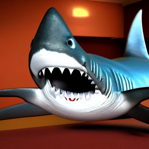 Image similar to realistic 3d render of a shark sitting on the couch watching tv octane cinema 4d