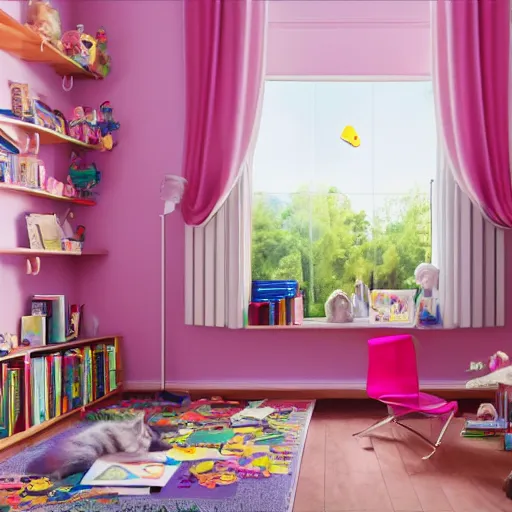 Image similar to eye - level view, in a child's bedroom filled with toys there is a bed under a window with a colorful bedspread. a super cute maine coon kitten runs and jumps and plays with cat toys on the bed. hilarious, funny, back to school comedy, cg animation, 3 d octane render, imax 7 0 mm,