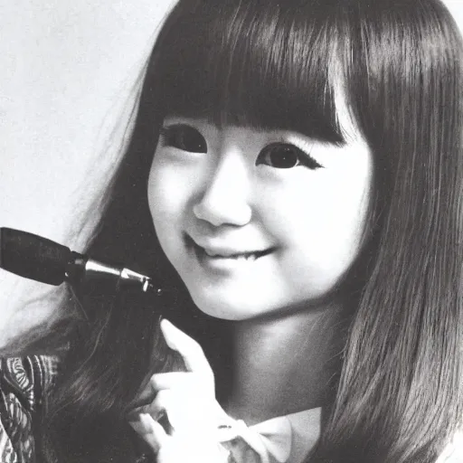 Prompt: 1 9 7 0 s record - album art of a young cute female japanese pop - idol who has yaeba slightly crooked teeth. high - quality high - resolution scanned image.