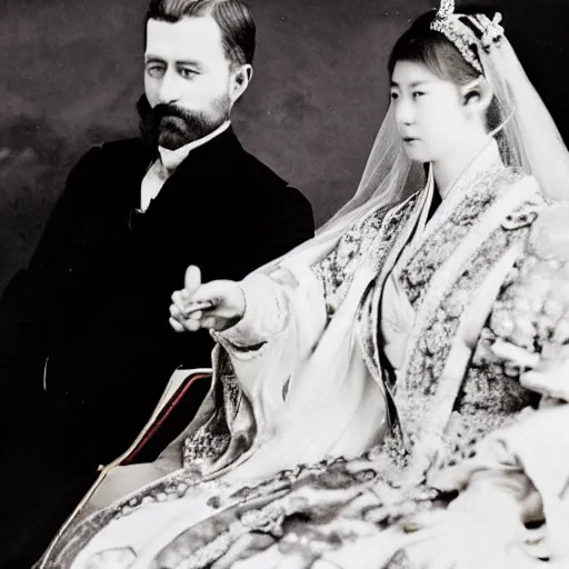 Image similar to An extreme closeup shot, colored black and white Russian and Japanese mix historical fantasy photographic portrait of a Royal wedding of the empress and emperor exchanging the wedding rings, golden hour, warm lighting, 1907 photo from the official wedding photographer for the royal wedding.