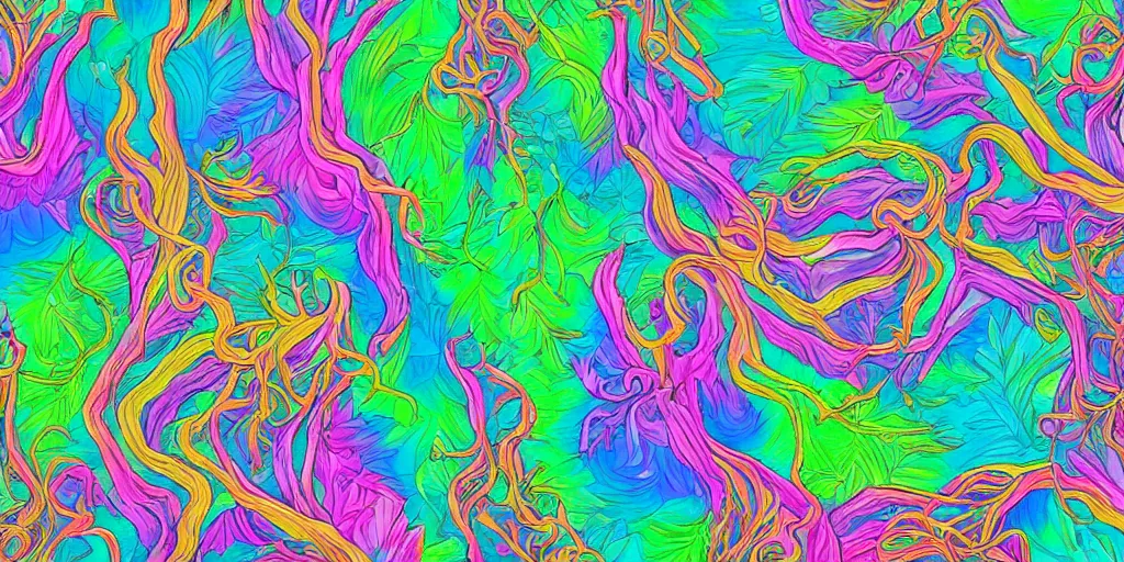 Image similar to Pacific coast forest in the style of Lisa Frank and Alex Grey