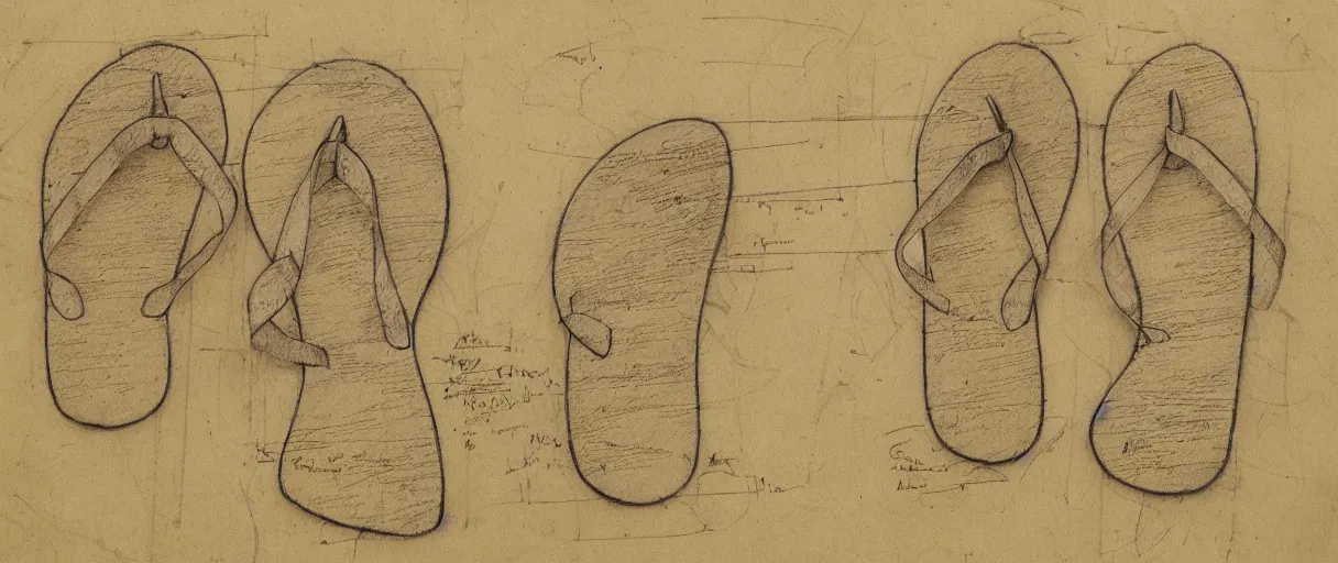 Image similar to detailed blueprint sketches of flip flops, labelled, notes, diagram, by leonardo davinci, on yellow paper, worn, pencil, sketch