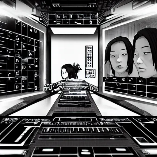 Image similar to beautiful twin sisters hacking into the mainframe of the pentagon, in the style of hiroya oku and riyoko ikeda, black and white, photorealistic, epic, super technical