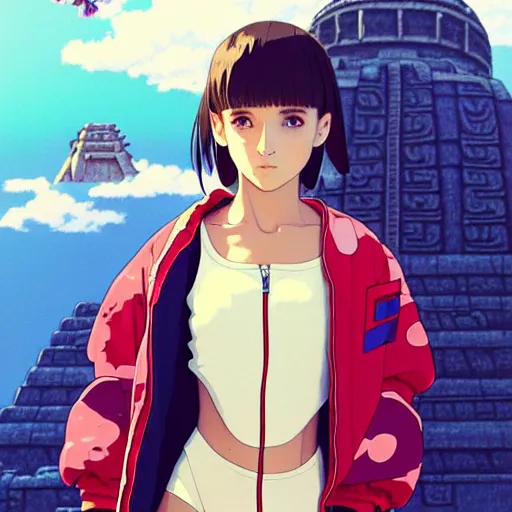 Image similar to a beautiful boyish natalie portman gravure model, wearing oversized mayan bomber jacket and leotard with overalls, bulky poofy bomber jacket with mesoamerican patterns, mesoamerican street fashion, gapmoe yandere grimdark, trending on pixiv fanbox, painted by greg rutkowski makoto shinkai takashi takeuchi studio ghibli, akihiko yoshida