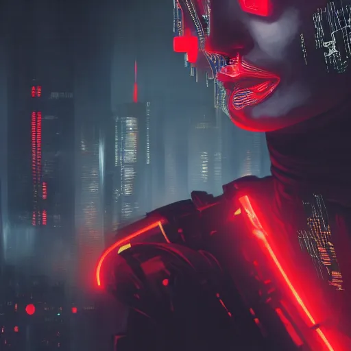 Prompt: concept art of a cyborg, cyberpunk, surrounded by smoke, award-winning art, black on red, hyperrealistic, by Sam Spratt, by Vlad Rodrig﻿u﻿e﻿z, computer screens in the background, trending on Artstation, dark, dramatic, cinematic, realistic studio lighting, raytracing, 4k, professional, canon