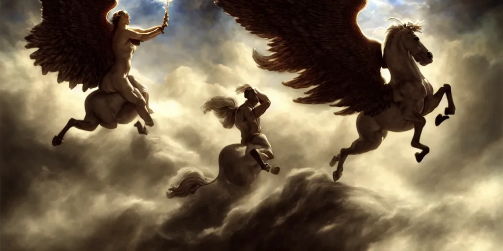 Prompt: Hercules riding Pegasus through the clouds, by Rolf Armstrong and Evelyn De Morgan and Bastien Lecouffe-Deharme, dramatic lighting, high contrast colors, baroque, empyrean, panoramic view, as trending on Artstation, highly detailed, doom engine,