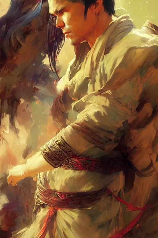 Prompt: attractive man, character design, wuxia, colorful, painting by gaston bussiere, craig mullins, greg rutkowski, j. c. leyendecker