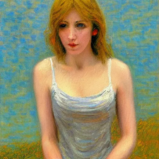 Image similar to skinny female artist in the style of realism, impressionism, renaissance oil painting, tonalism, rococo, manga