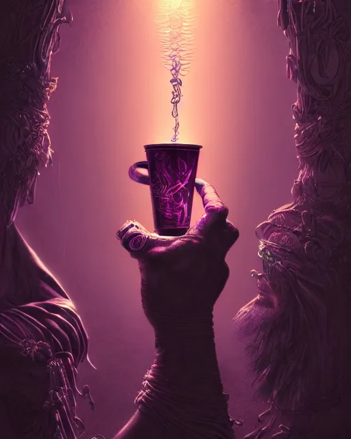 Prompt: future the rapper holding cup of codeine, purple liquid in cup glowing, fantasy, dramatic, intricate, elegant, highly detailed, digital painting, artstation, concept art, smooth, sharp focus, illustration, art by Gustave Dore, octane render