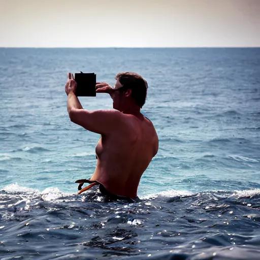 Image similar to national geographic photographer in the ocean taking a selfie smiling to the camera,