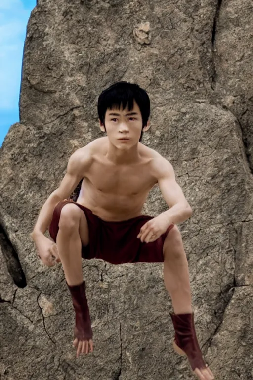 Image similar to close up still shot of young zuko from the live action movie avatar the last airbender standing on the diving board, 3 5 mm, highly detailed, dynamic lighting