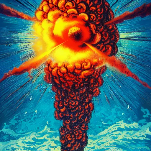 Prompt: nuclear bomb exploding in the ocean, extreme vivid colors, abstract realism, highly ornate intricate details, 1 9 2 0's colored pencil, 4 k, cinematic lighting,