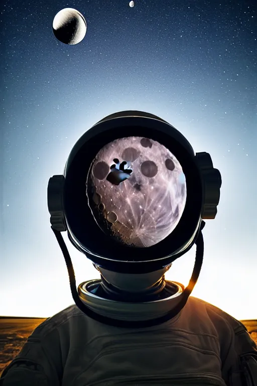 Image similar to extremely detailed portrait of space astronaut, wearing gloves, holds iphone, iphone visible, iphone in hand, reflection of the moon in visor, alien looking over shoulder from behind, extreme close shot, dramatic backlight, award winning photo by jimmy nelson