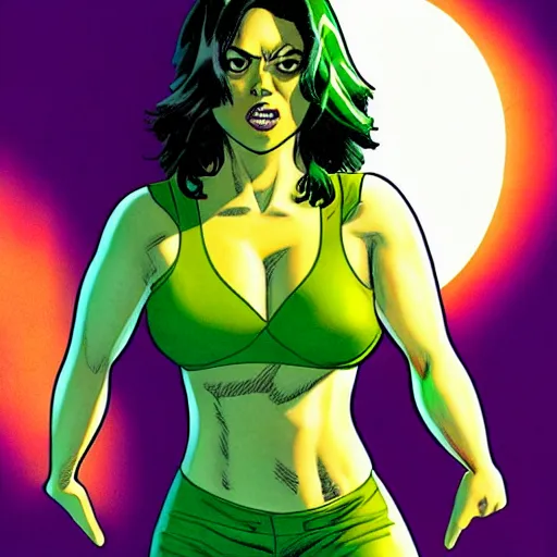 Image similar to Aubrey Plaza as She-Hulk, atmospheric lighting, Image 90s style, intricate, golden hour, ultra detailed by Jim Lee and Travis charest