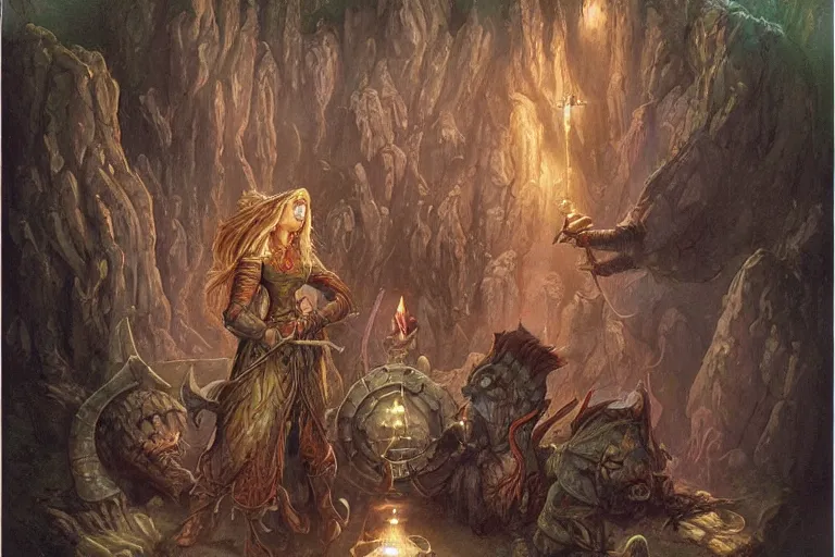 Prompt: d&d gnome woman seeling magic items | John Howe |