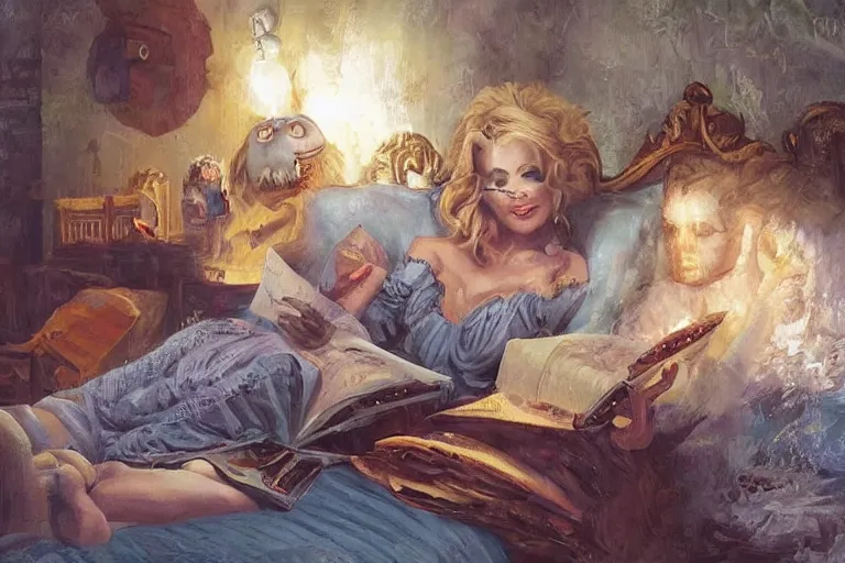 Image similar to portrait of dolly parton reading a bedtime story to jim carrey in bed, an oil painting by ross tran and thomas kincade