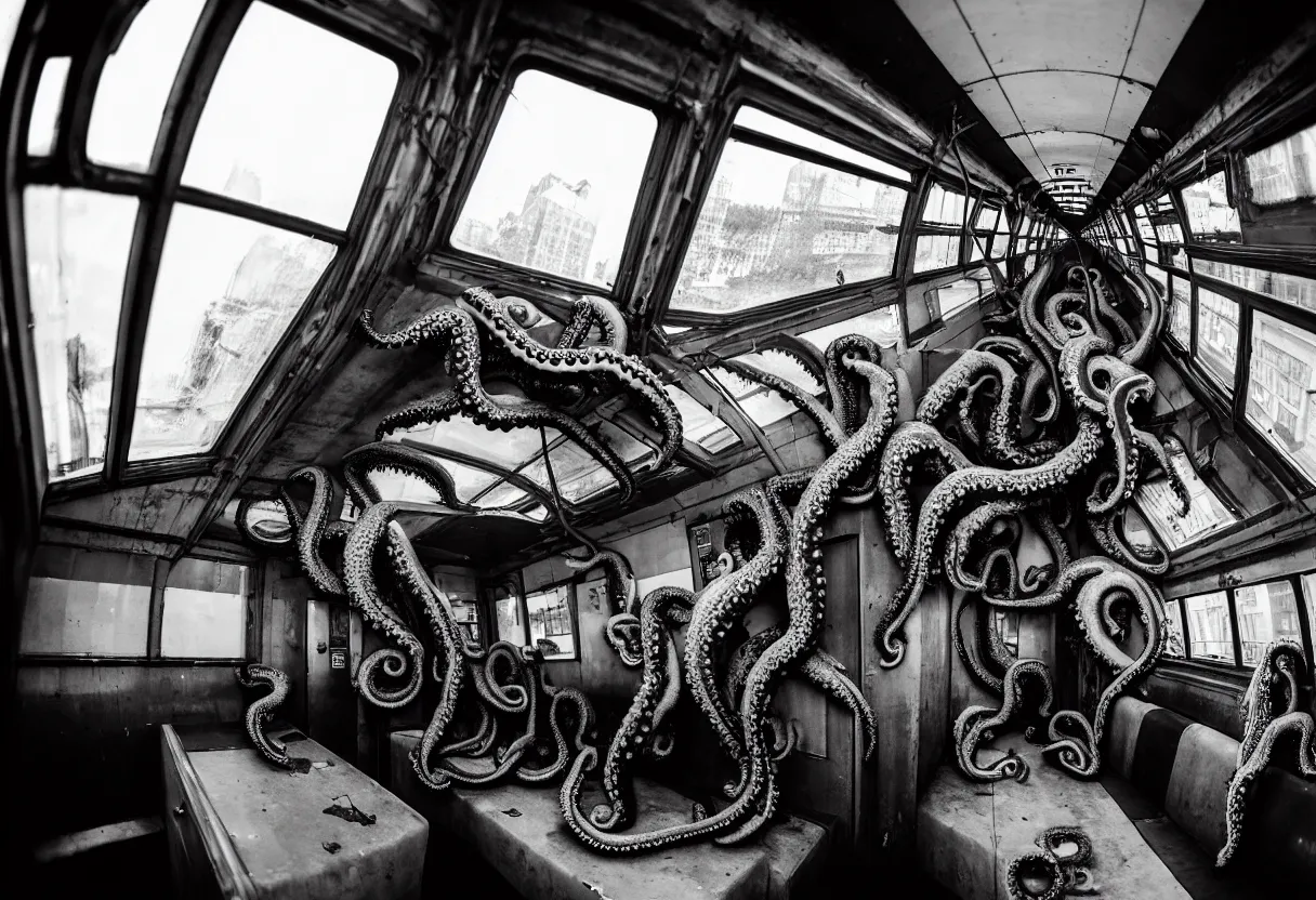 Prompt: a busy subway wagon, there is a huge monster octopus on the interior, tentacles creeping in through the windows and gaps, people are scared and screaming while trying to flee through the windows, 1 6 mm lens,