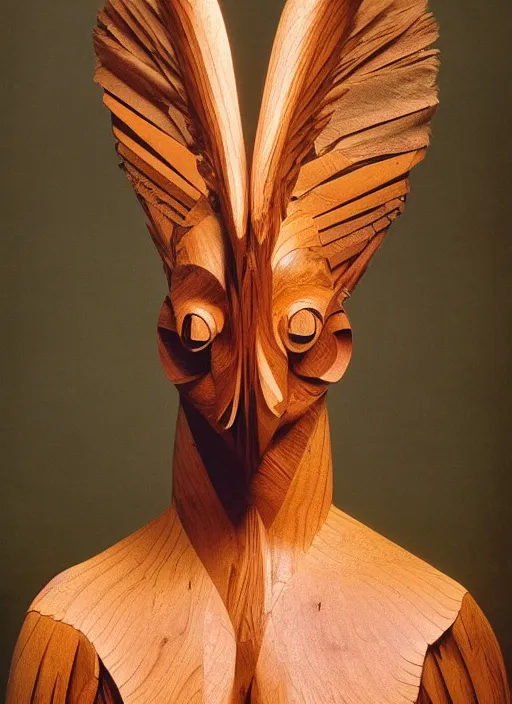 Image similar to realistic photo portrait of the a sculpture of a person morphing into a bird made of wood, poorly designed standing in the wooden polished and fancy expensive wooden interior room 1 9 9 0, life magazine reportage photo