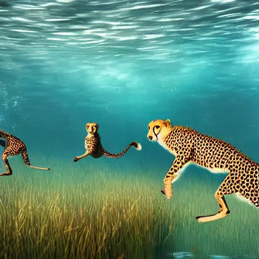 Image similar to Group of cheetahs running underwater, Artstation Trending, cgsociety, high quality, very coherent, ultra realism, high definition, post processing, unreal engine, 8k, high resolution, octane render, 4k UHD, photographic, digital art, art by uroš golubović artstation + bobryshev aleksandr artstation + ranulf busby doku artstation + echo lima artstation