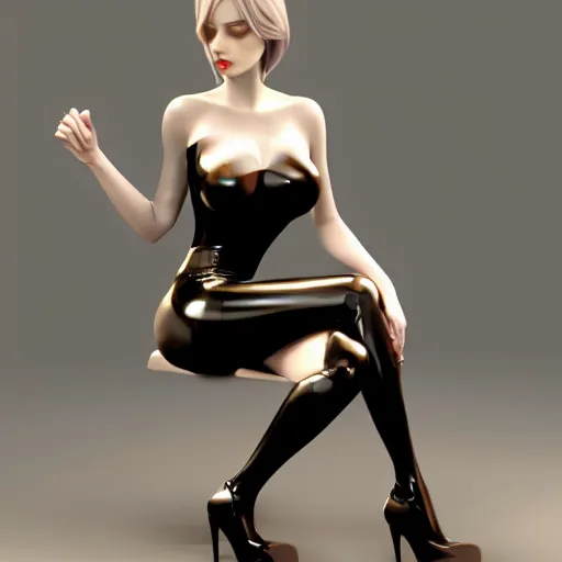 Prompt: feminine hot pale goth woman with tight curvy shiny outfit, thin waist, inviting, sitting, anatomically accurate, photorealistic, sublime, classy, 16k, smooth, sharp focus, cgsociety, ArtStation, volumetric lighting