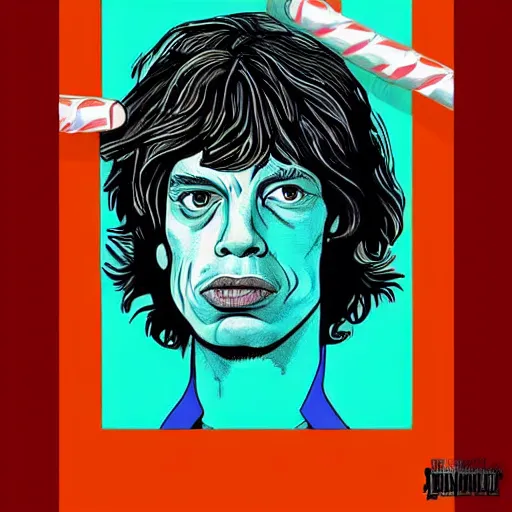 Prompt: Mick Jagger illustrated in the style of Stranger Things cover art