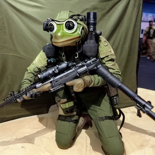 Image similar to a rare military frog equipped with rocket launcher and night vision target acquisition system, photo from innovative private military expo