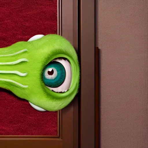 Image similar to still of mike wazowski on the broken door in the shining movie