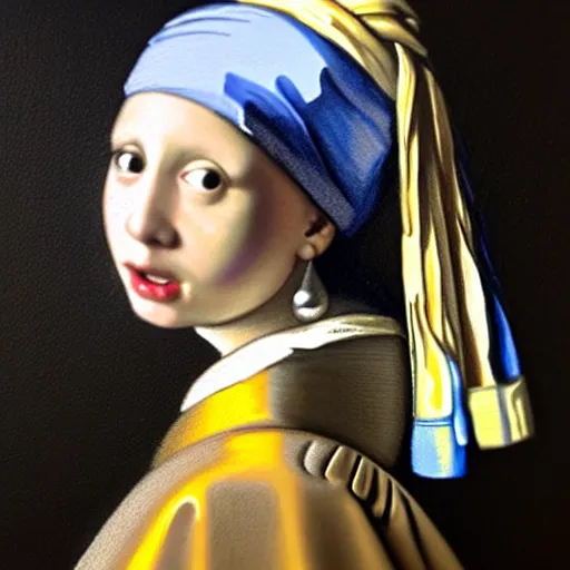 Image similar to a portrait of a young girl wearing a pearl earring. The girl is looking over her shoulder at the viewer with a sly expression on her face. naturalistic style with soft, muted colors. The girl's face is the only part of the painting that is in sharp focus. The rest of the painting is done in a soft, blurry style. The girl's face is lit from the left, creating a soft, halo-like effect around her head. The pearl earring is the only source of light in the painting. an oil tronie painting.