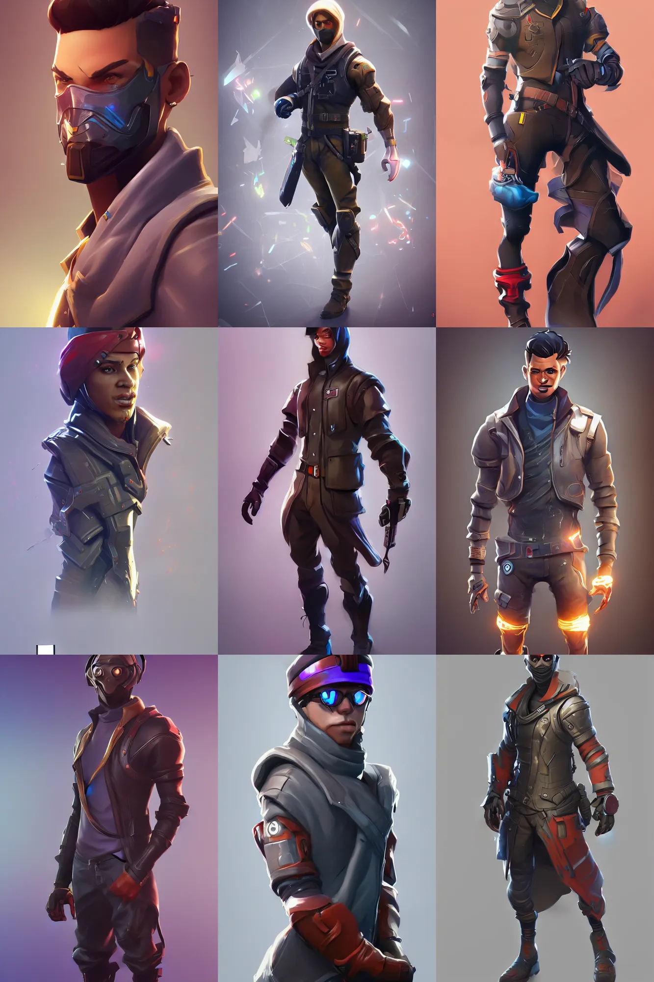 Prompt: full character portrait view high quality render realistic high detail cinematic digital concept art of a young man dressed in stylish future clothing with face visible by artgerm and greg rutkowski and marc simonetti, artstation trending, vibrant colour, valorant, fortnite and blank background,