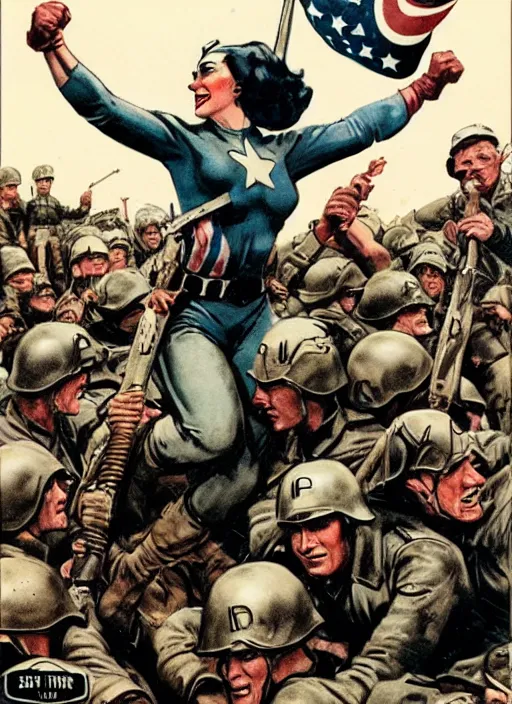 Prompt: female captain america standing on a pile of defeated german soldiers. female captain america wins wwii. american wwii propaganda poster by james gurney. ve day