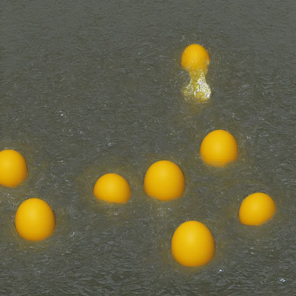 Image similar to eggyolks from above floating on water, zdzislaw beksinski, wideshot, 8 k, yellow