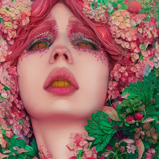 Image similar to the portrait of an absurdly beautiful, graceful, elegant, sophisticated, dignified woman made of strawberries and green petals looking up, an ultrafine hyperdetailed illustration by kim jung gi, irakli nadar, intricate linework, bright colors, octopath traveler, final fantasy, unreal engine 5 highly rendered, global illumination, radiant light, detailed and intricate environment