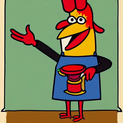 Image similar to fan art of an anthropomorphized hen with a worried expression, wearing an apron, pointing to the kitchen sink