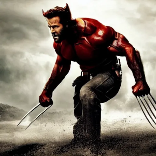 Image similar to Ryan Reynolds as Wolverine, movie still, cinematic lighting, epic action shot, aggressive