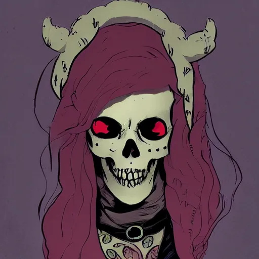 Prompt: a portrait of a girl skull face, alec soth and mike mignola, colors and hard shadows and strong rim light, plain background, comic cover art, trending on artstation