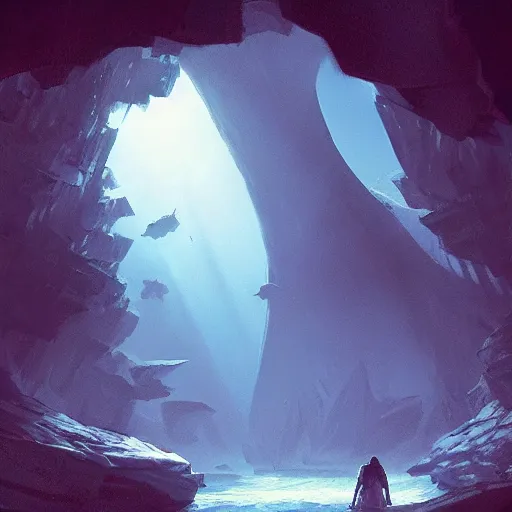 Prompt: Megalodon in a blue cave , by Greg Rutkowski 8k photorealistic, cinematic lighting, HD, high details, dramatic, atmospheric , trending on artstation