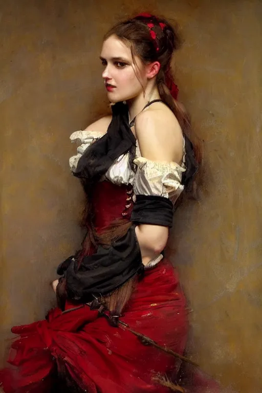 Image similar to Solomon Joseph Solomon and Richard Schmid and Jeremy Lipking victorian genre painting full length portrait painting of a young beautiful woman traditional german french fashion model pirate wench in fantasy costume, red background