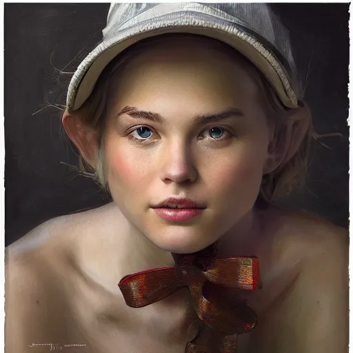 Prompt: A portrait of a sincere-looking girl, oil on canvas, wearing a hat made by wires ,masterpiece, hi-fructose, artgerm , Norman rockwell, craig mullins, n, trending on pxiv, highly detailed face, clear eyes concept art, hdri, 4k-