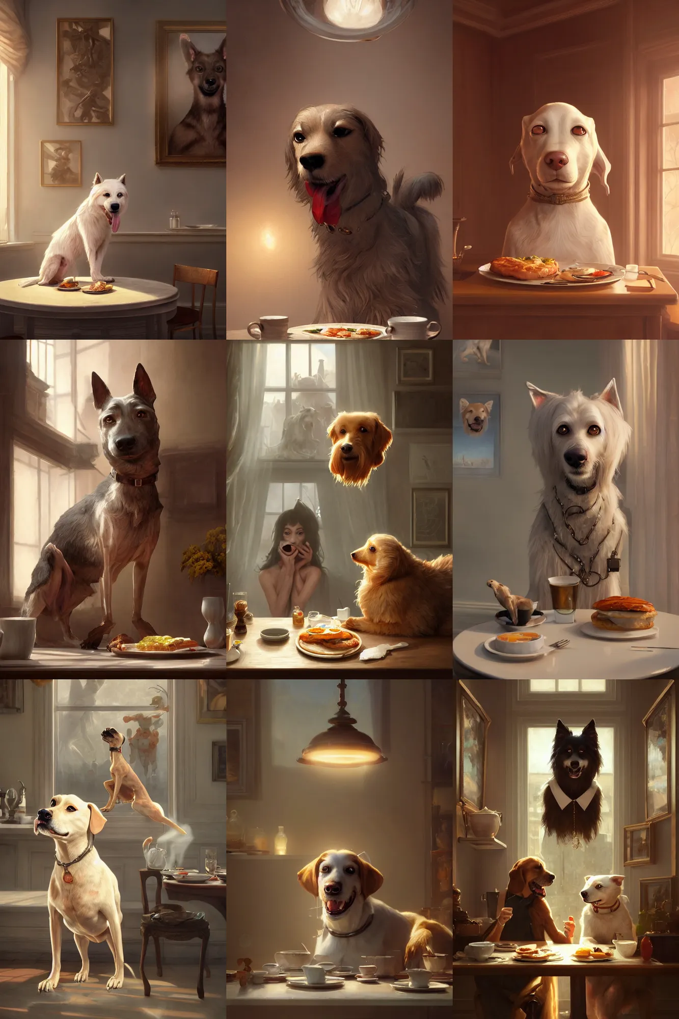 Prompt: anthropomorphic dog in breakfast at tiffany's, anatomy, bathed in light, highly detailed, photorealistic, artstation, smooth, sharp focus, illustration, unreal engine 5, 8 k, art by artgerm and greg rutkowski and edgar maxence