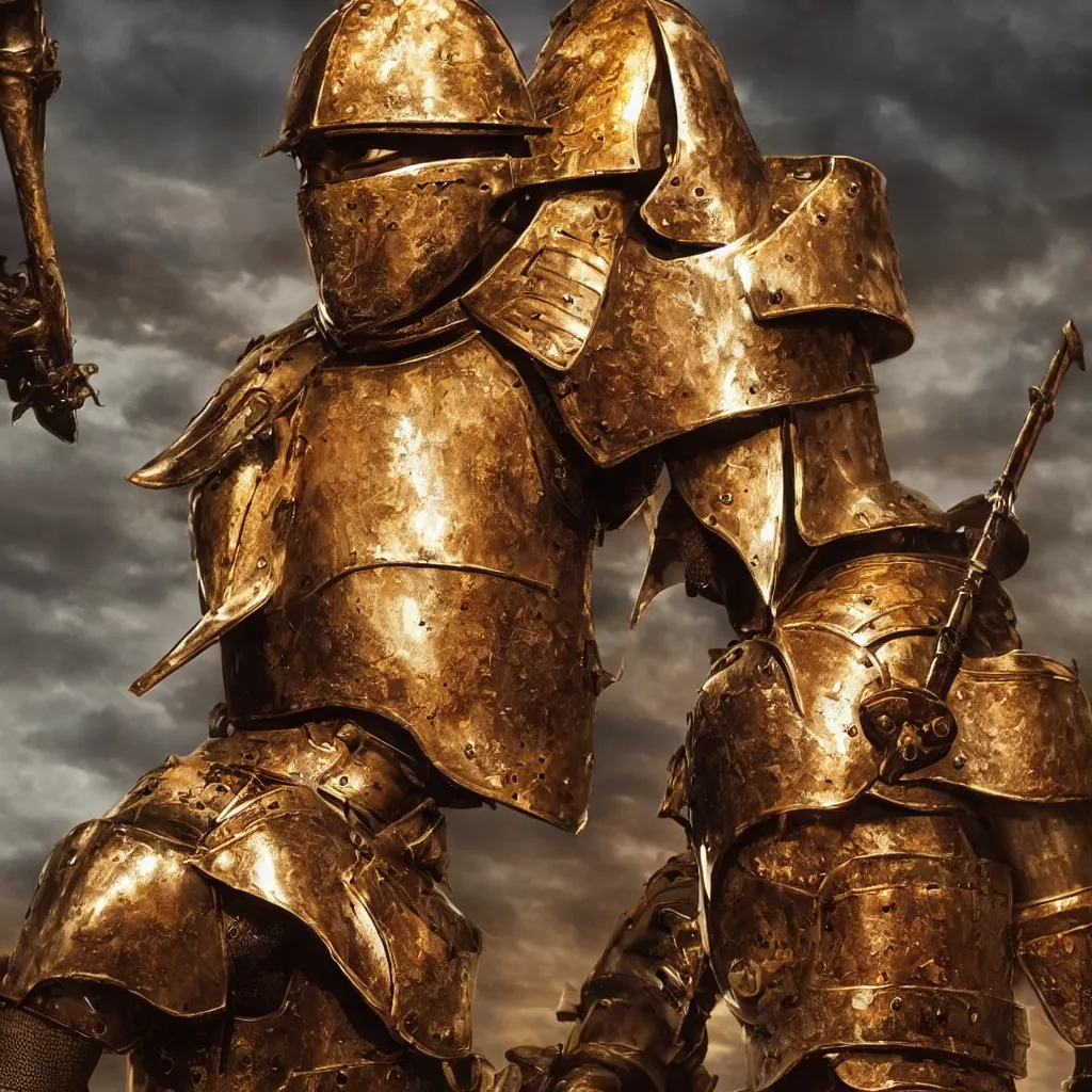 Image similar to of a photo of a knight character that has a helmet that is made of copper and gold, beautiful sculpted details, cinematic lighting, this knight is a war lord who roamed the fields in many battles, there is a faint red aura to him displaying a lot of power